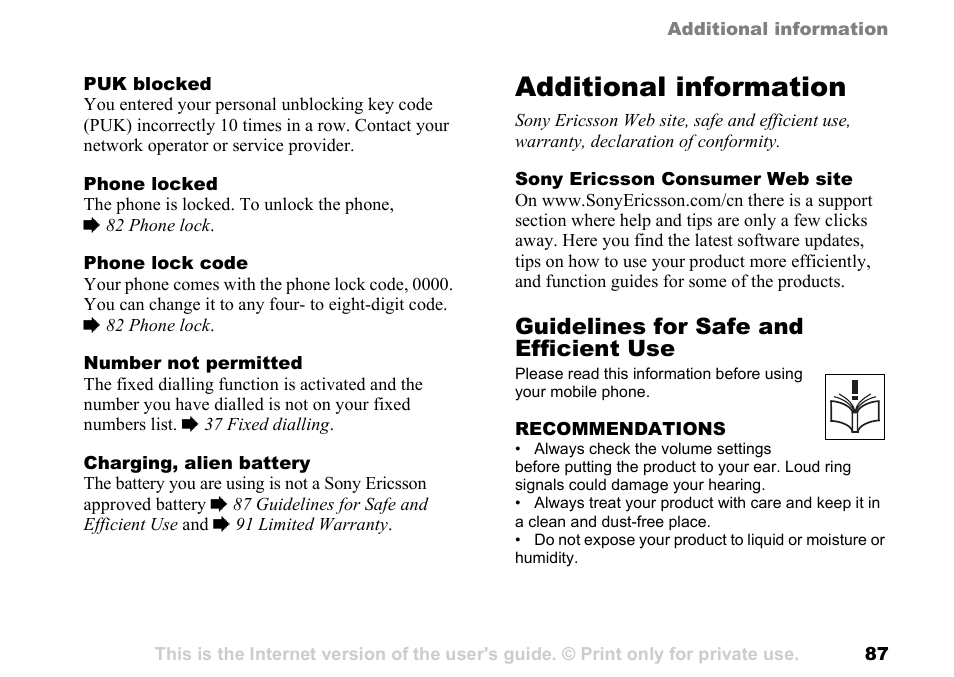 Additional information, 87 guidelines for safe and, Efficient use | Guidelines for safe and efficient use | Sony Ericsson K700c User Manual | Page 87 / 100