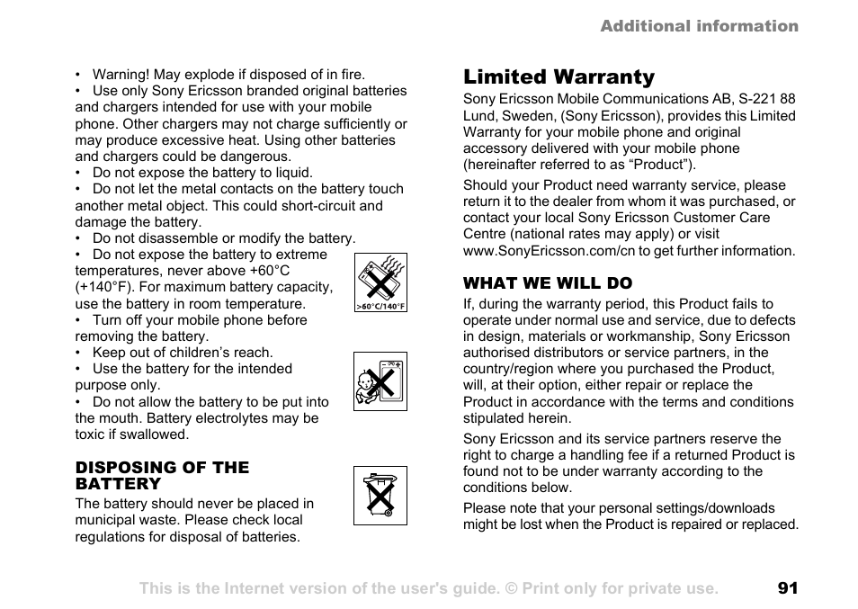 91 limited warranty, Limited warranty | Sony Ericsson K700c User Manual | Page 91 / 100