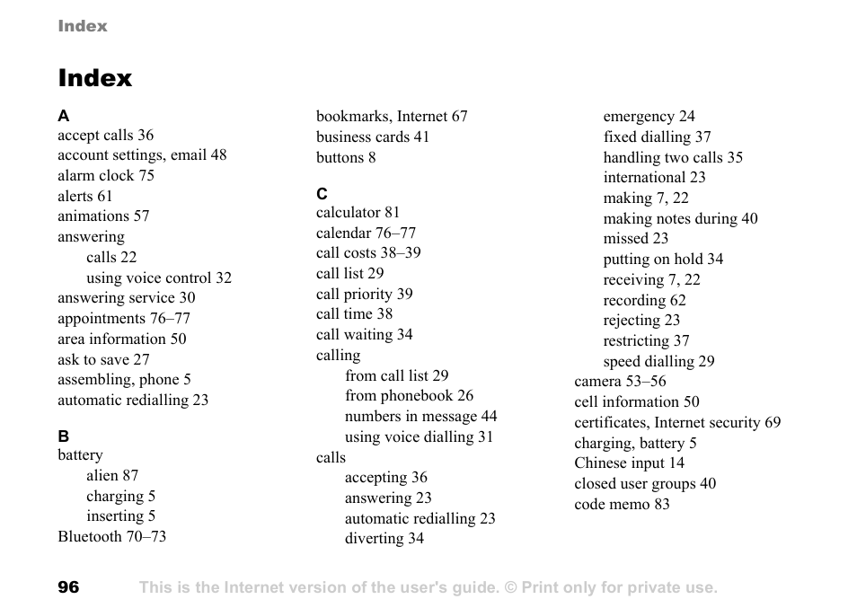 Index | Sony Ericsson K700c User Manual | Page 96 / 100