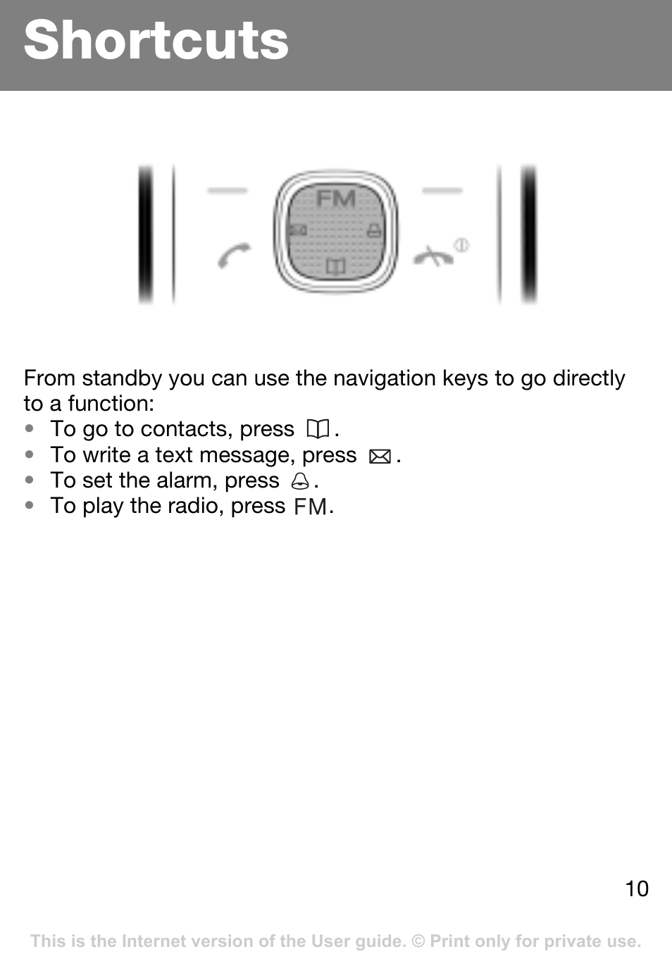 Shortcuts | Sony Ericsson J132A User Manual | Page 10 / 42