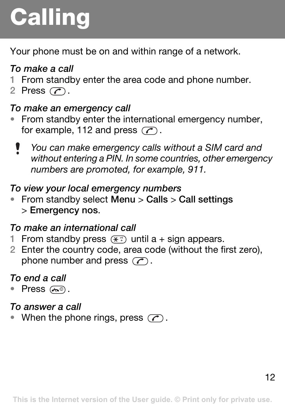 Calling | Sony Ericsson J132A User Manual | Page 12 / 42