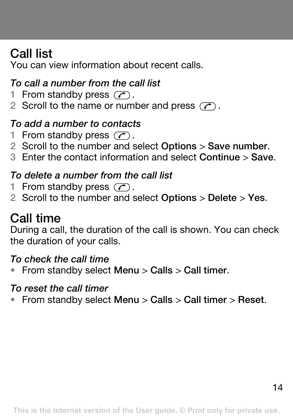 Call list, Call time | Sony Ericsson J132A User Manual | Page 14 / 42