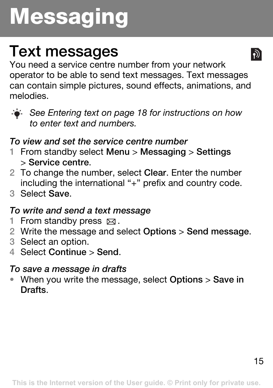 Messaging, Text messages | Sony Ericsson J132A User Manual | Page 15 / 42