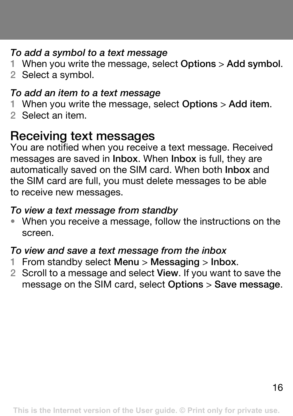 Receiving text messages | Sony Ericsson J132A User Manual | Page 16 / 42