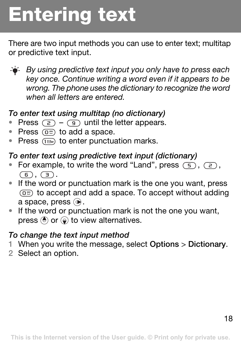 Entering text | Sony Ericsson J132A User Manual | Page 18 / 42