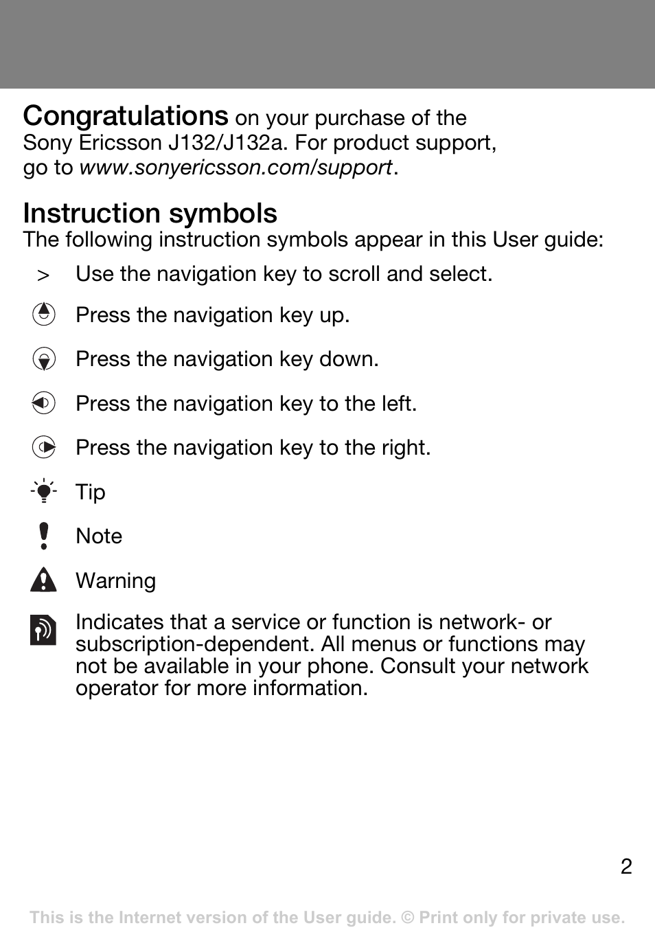 Instruction symbols | Sony Ericsson J132A User Manual | Page 2 / 42