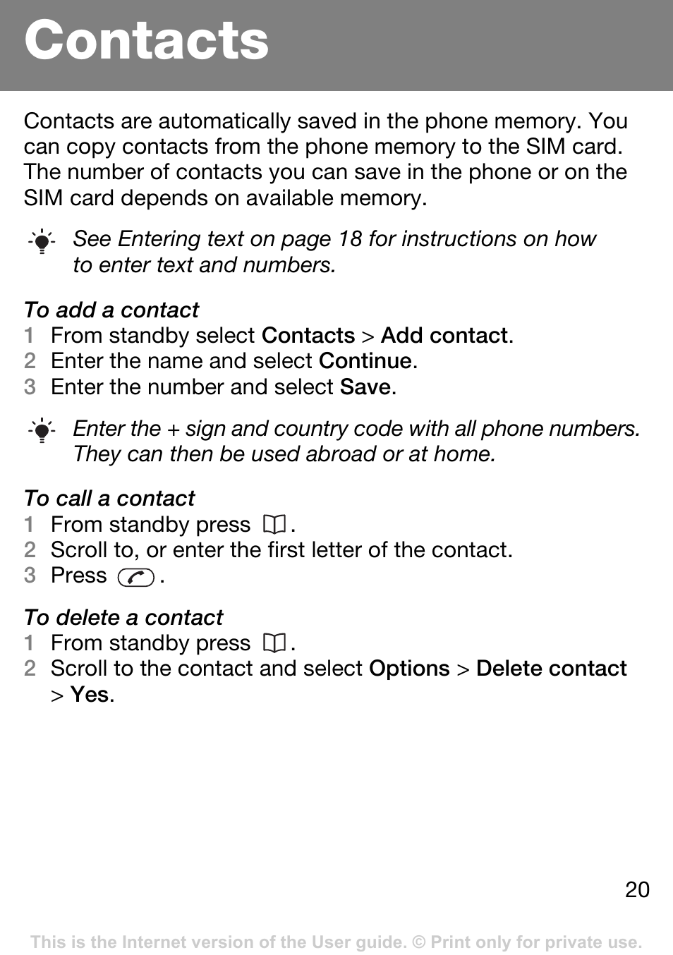 Contacts, E contacts, Ge 20 | Sony Ericsson J132A User Manual | Page 20 / 42