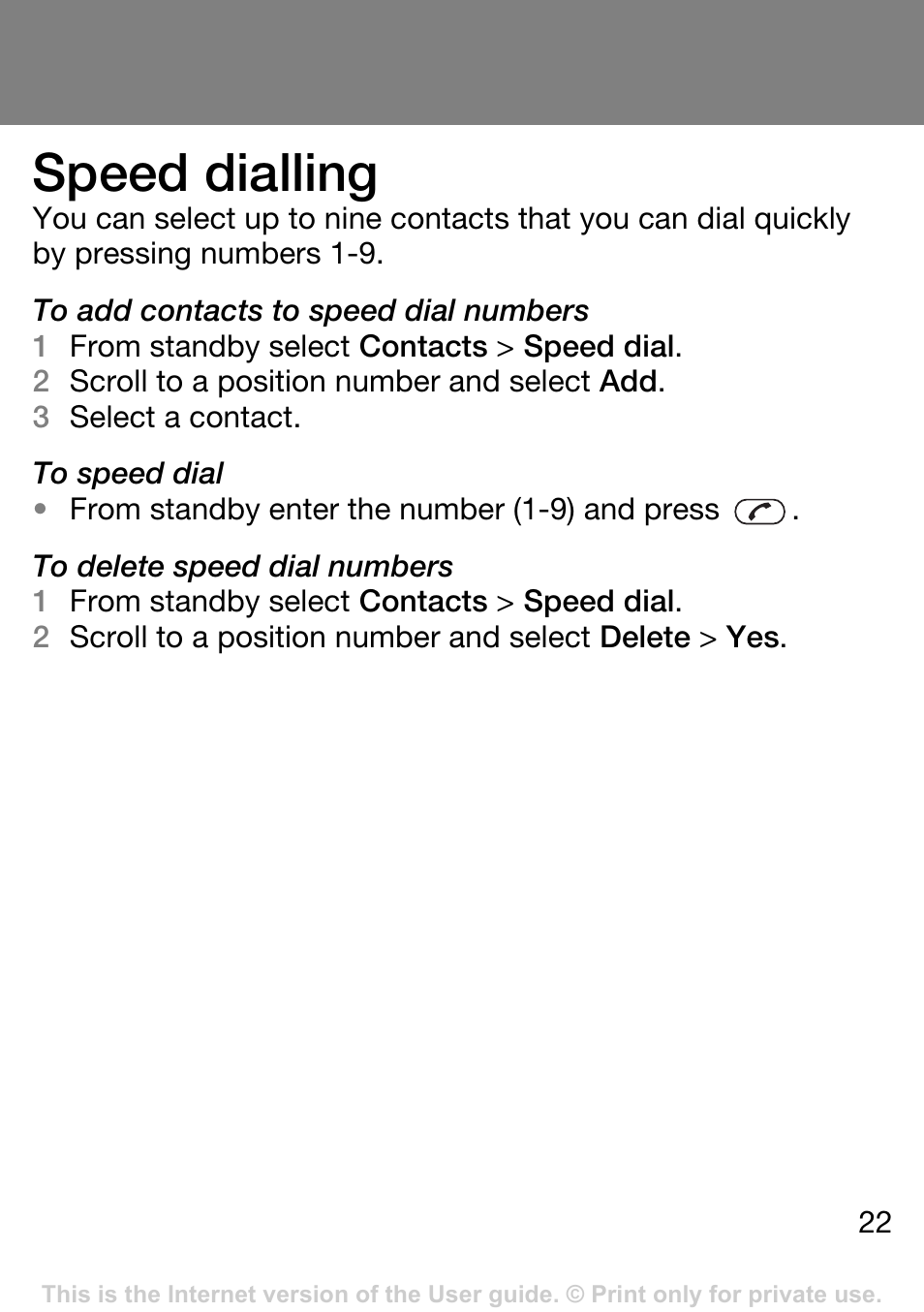 Speed dialling | Sony Ericsson J132A User Manual | Page 22 / 42