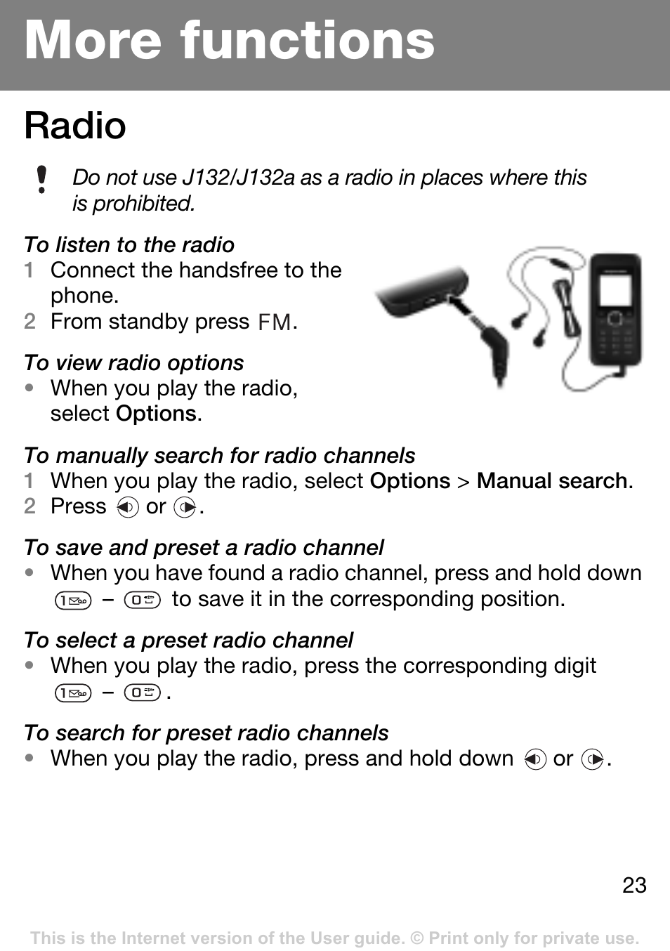 More functions, Radio | Sony Ericsson J132A User Manual | Page 23 / 42