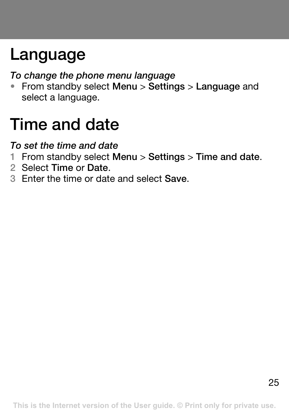 Language, Time and date | Sony Ericsson J132A User Manual | Page 25 / 42