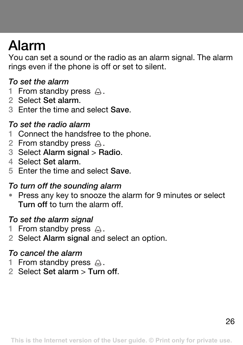 Alarm | Sony Ericsson J132A User Manual | Page 26 / 42