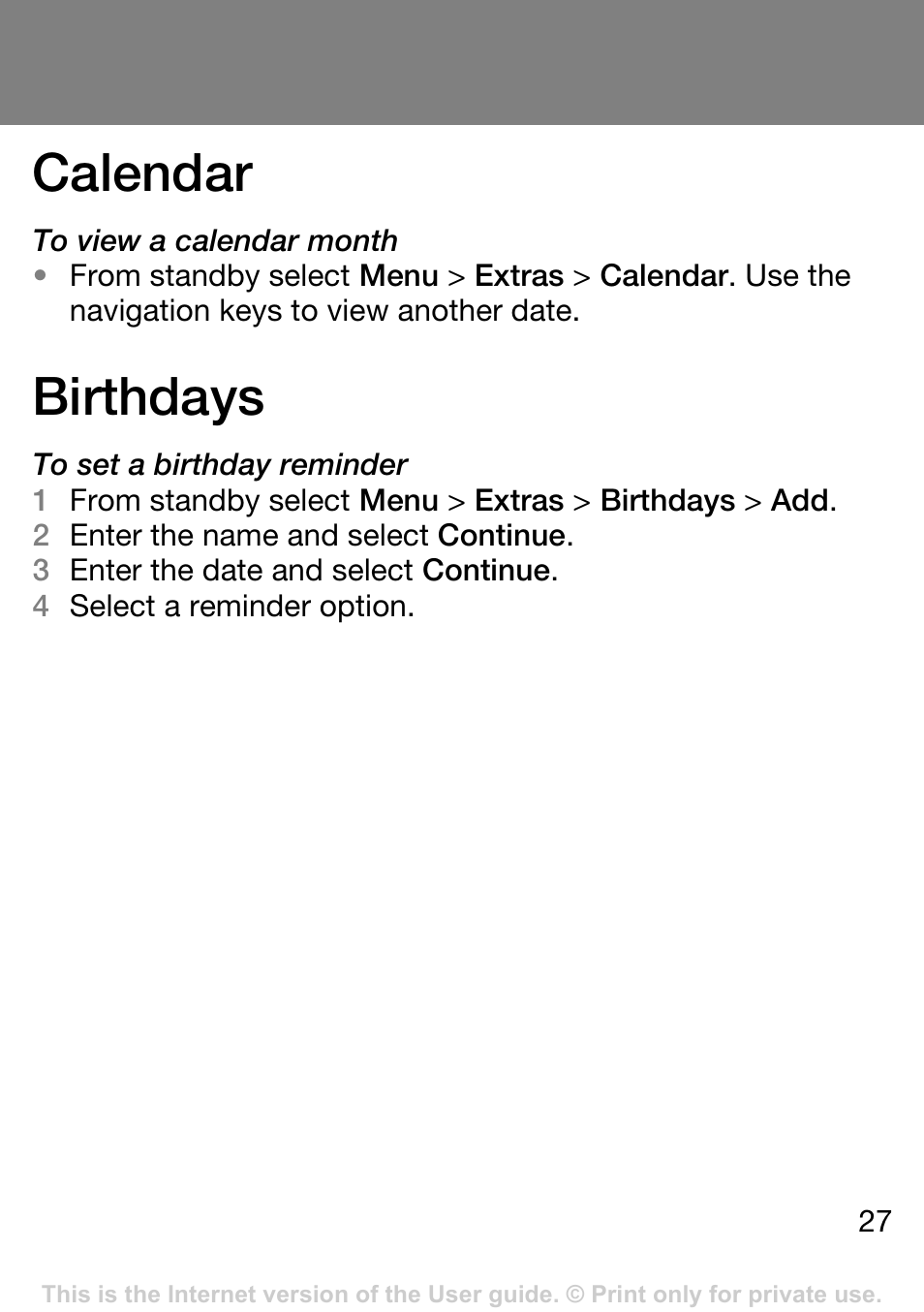 Calendar, Birthdays | Sony Ericsson J132A User Manual | Page 27 / 42