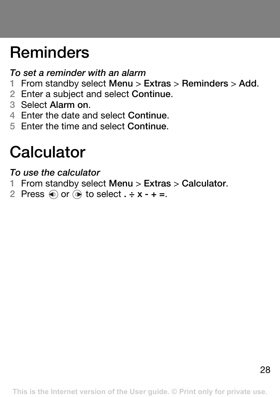 Reminders, Calculator | Sony Ericsson J132A User Manual | Page 28 / 42