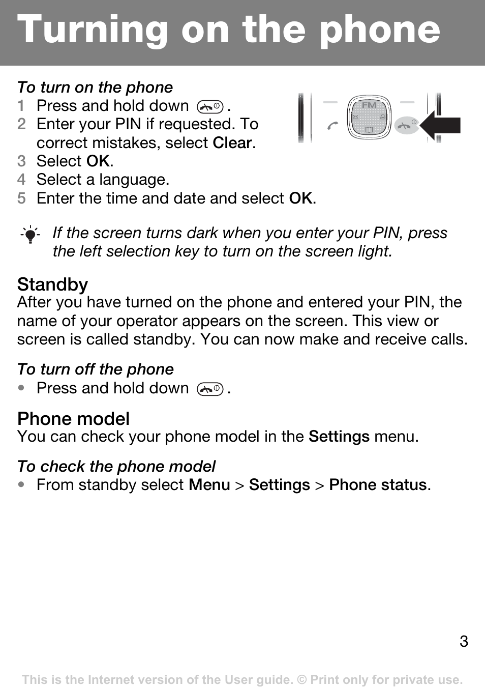 Turning on the phone | Sony Ericsson J132A User Manual | Page 3 / 42