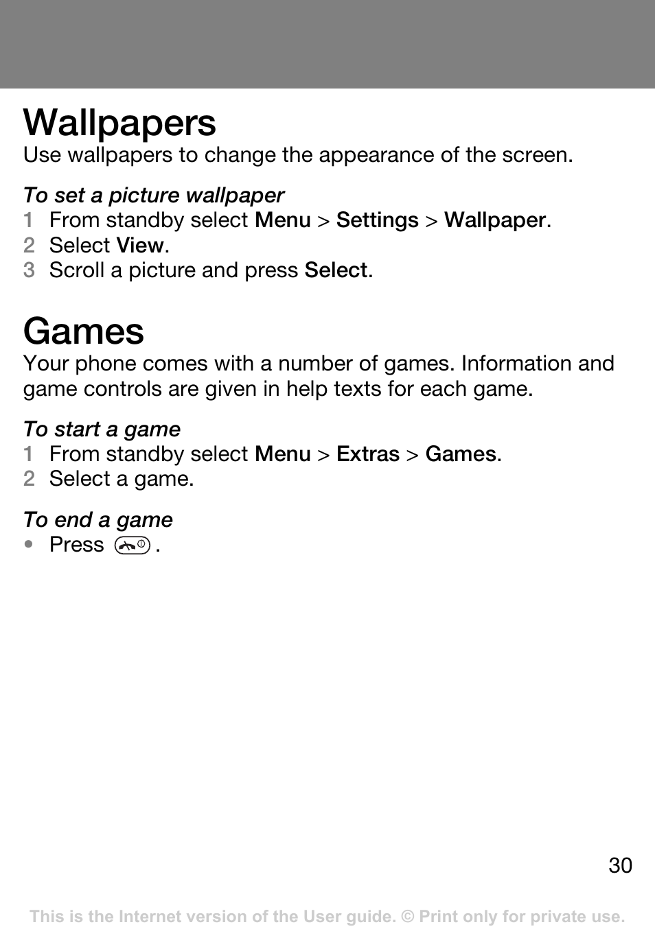 Wallpapers, Games | Sony Ericsson J132A User Manual | Page 30 / 42