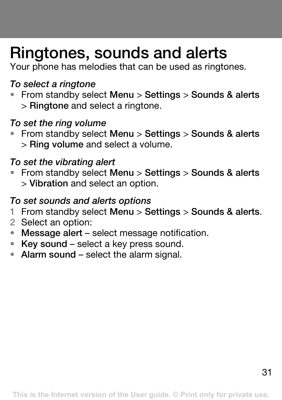 Ringtones, sounds and alerts | Sony Ericsson J132A User Manual | Page 31 / 42