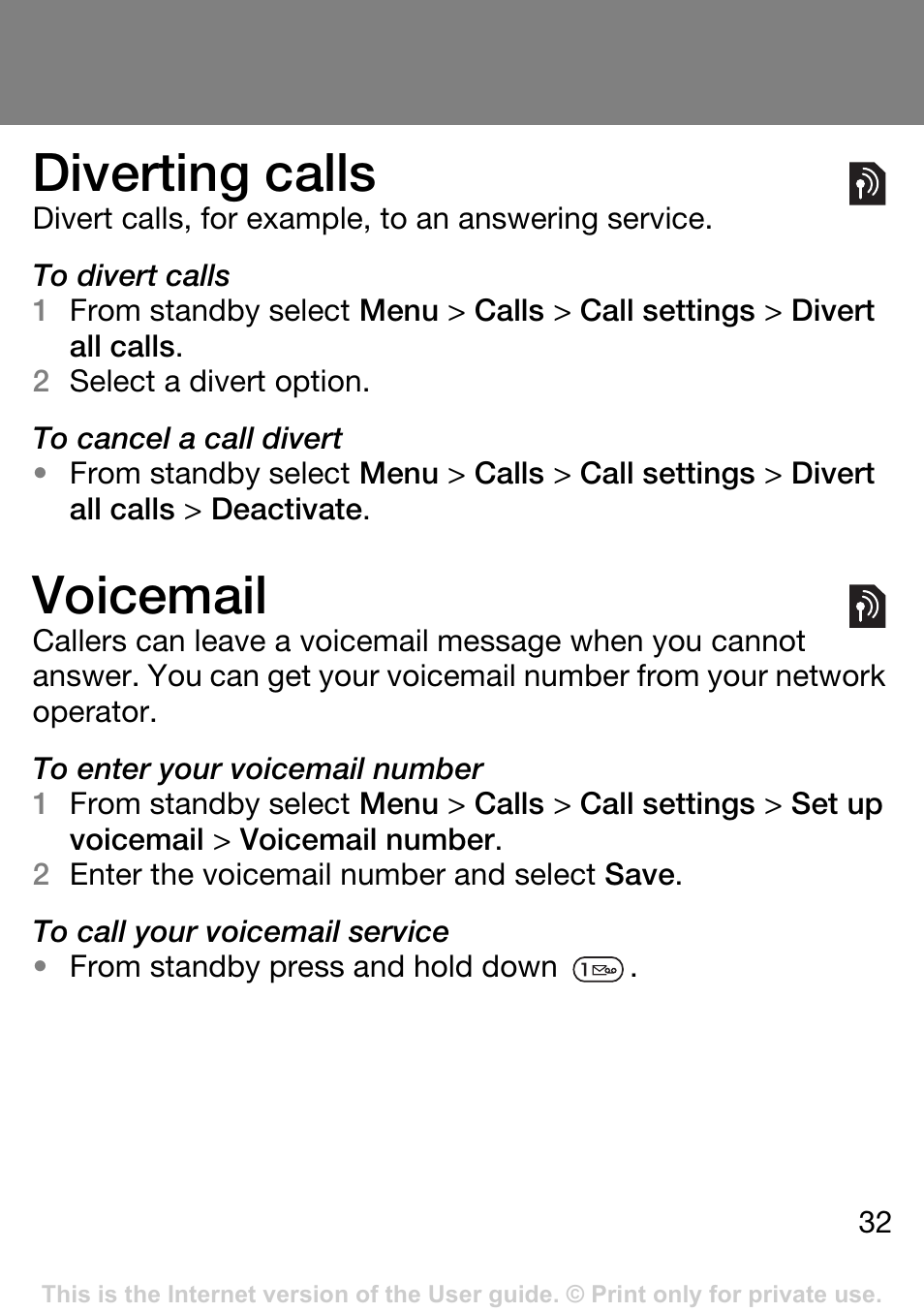 Diverting calls, Voicemail | Sony Ericsson J132A User Manual | Page 32 / 42