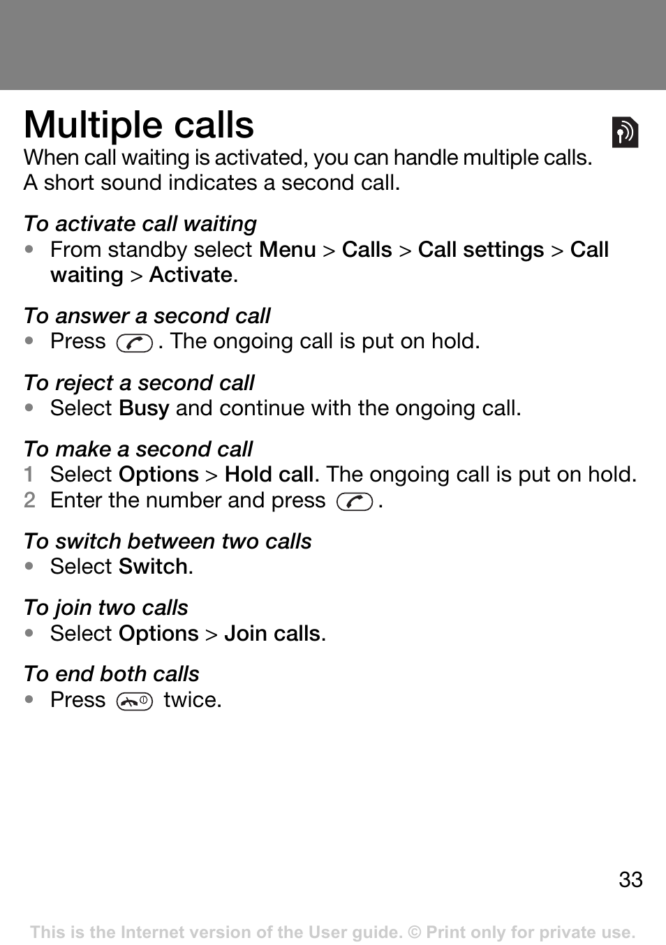 Multiple calls | Sony Ericsson J132A User Manual | Page 33 / 42