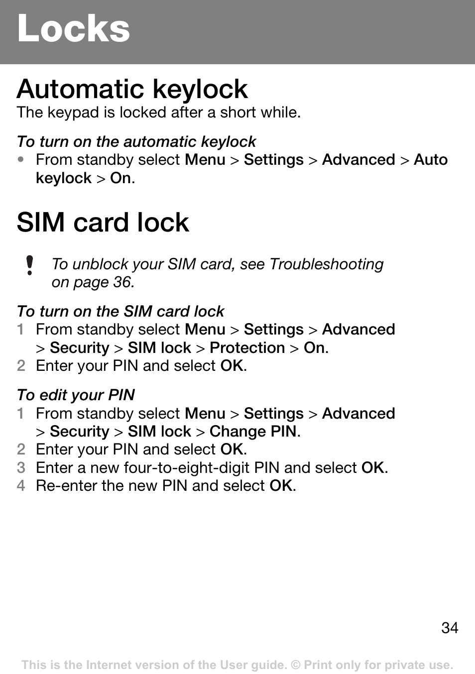 Locks, Automatic keylock, Sim card lock | Sony Ericsson J132A User Manual | Page 34 / 42