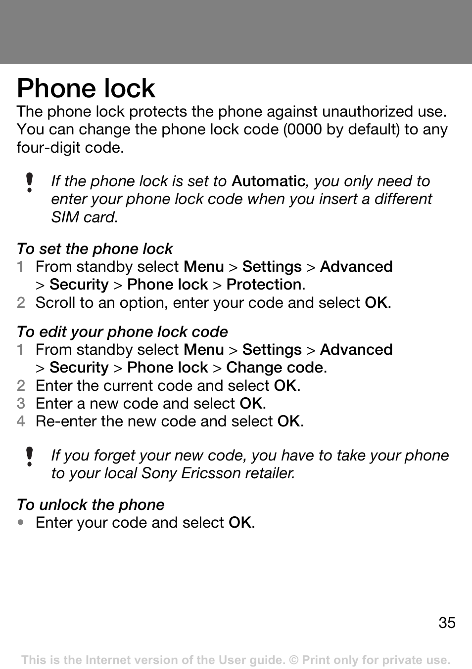 Phone lock | Sony Ericsson J132A User Manual | Page 35 / 42