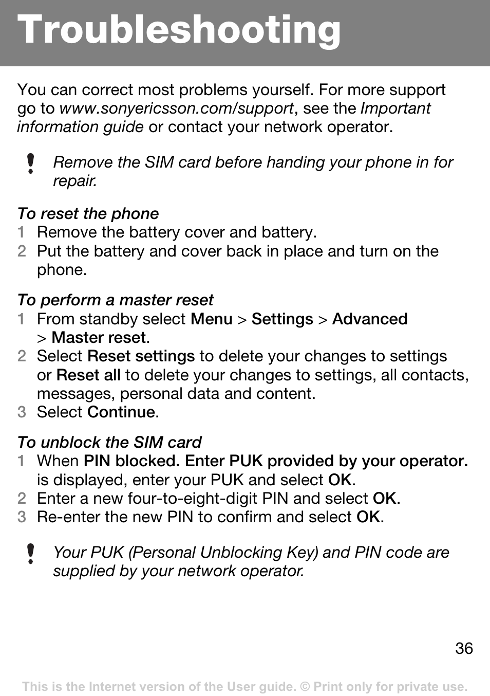 Troubleshooting, E troubleshooting | Sony Ericsson J132A User Manual | Page 36 / 42