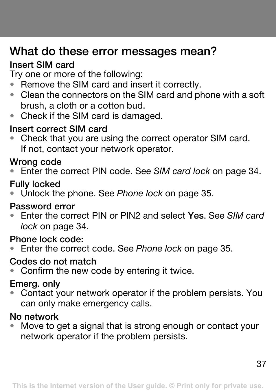 What do these error messages mean | Sony Ericsson J132A User Manual | Page 37 / 42