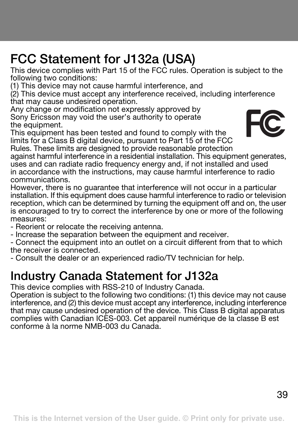 Fcc statement for j132a (usa), Industry canada statement for j132a | Sony Ericsson J132A User Manual | Page 39 / 42