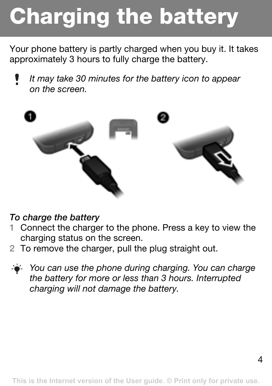 Charging the battery | Sony Ericsson J132A User Manual | Page 4 / 42