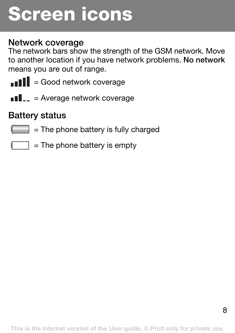 Screen icons | Sony Ericsson J132A User Manual | Page 8 / 42