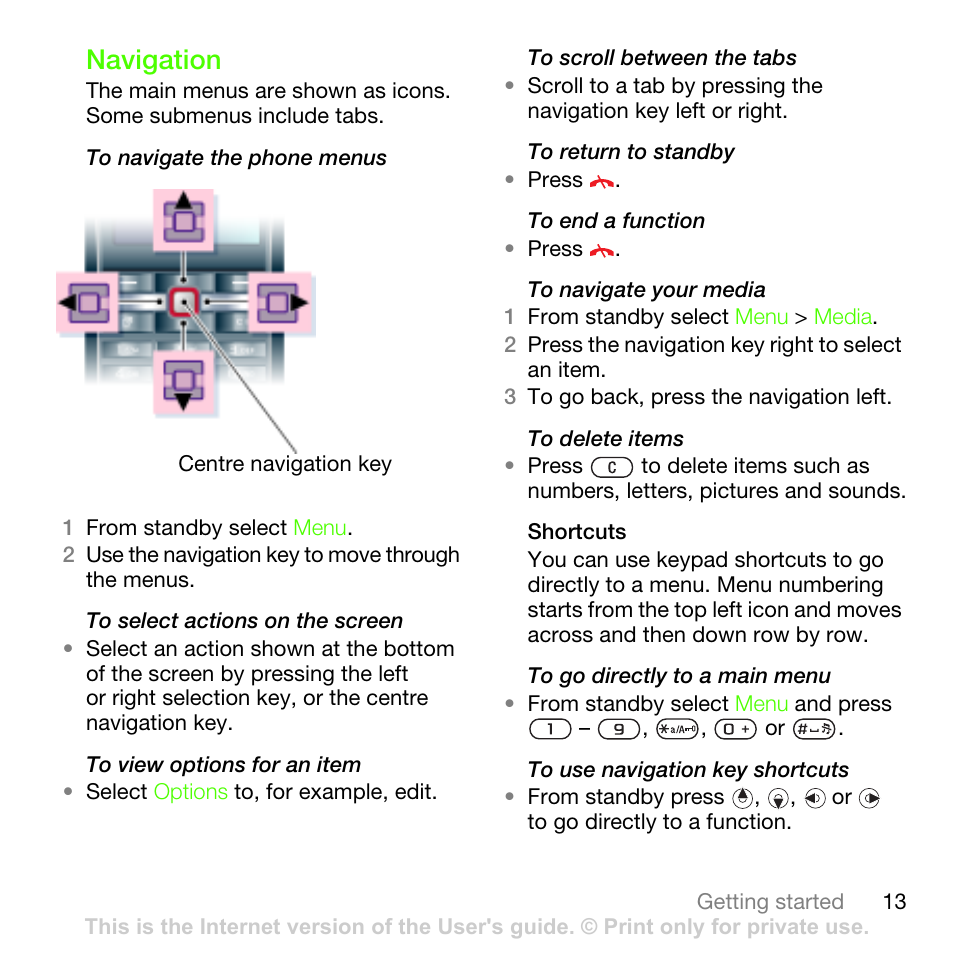 Navigation | Sony Ericsson G502 User Manual | Page 13 / 83