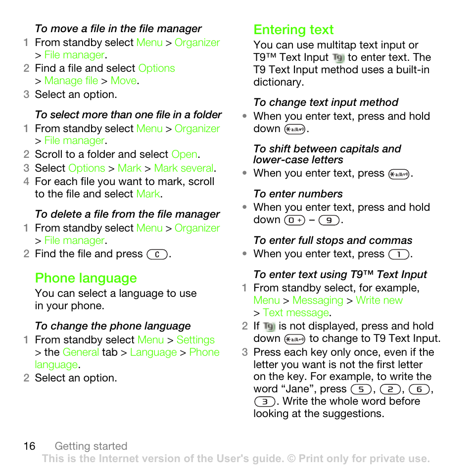 Phone language, Entering text, Phone language entering text | Sony Ericsson G502 User Manual | Page 16 / 83