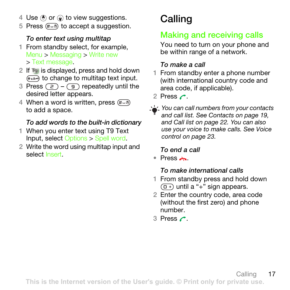 Calling, Making and receiving calls | Sony Ericsson G502 User Manual | Page 17 / 83