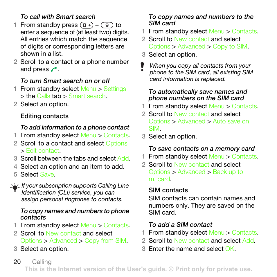 See to copy names and numbers to the sim card o, Ge 20 | Sony Ericsson G502 User Manual | Page 20 / 83