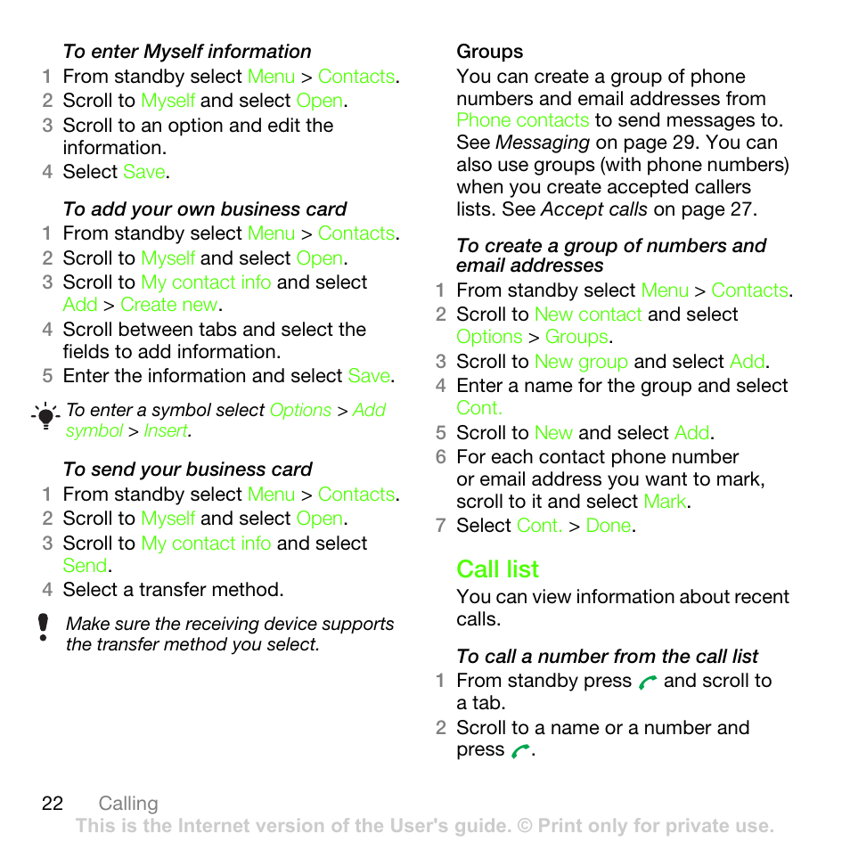 Call list | Sony Ericsson G502 User Manual | Page 22 / 83
