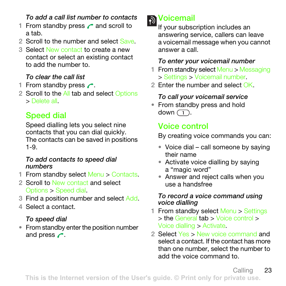Speed dial, Voicemail, Voice control | Speed dial voicemail voice control | Sony Ericsson G502 User Manual | Page 23 / 83