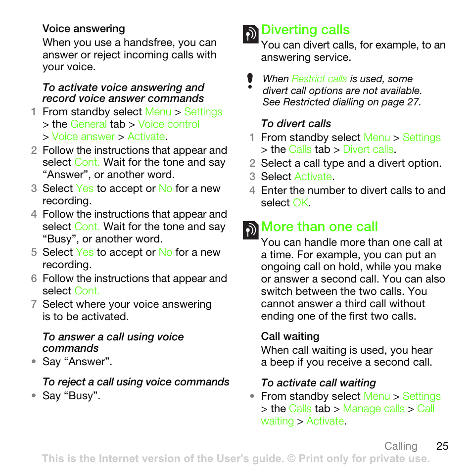 Diverting calls, More than one call, Diverting calls more than one call | Sony Ericsson G502 User Manual | Page 25 / 83