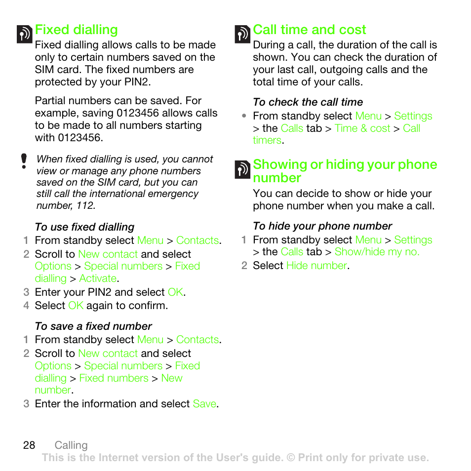 Fixed dialling, Call time and cost, Showing or hiding your phone number | Sony Ericsson G502 User Manual | Page 28 / 83