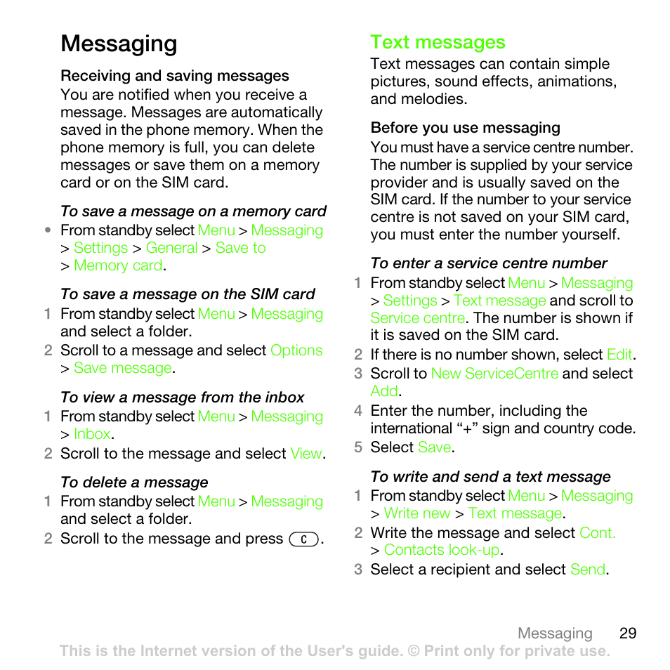 Messaging, Text messages | Sony Ericsson G502 User Manual | Page 29 / 83