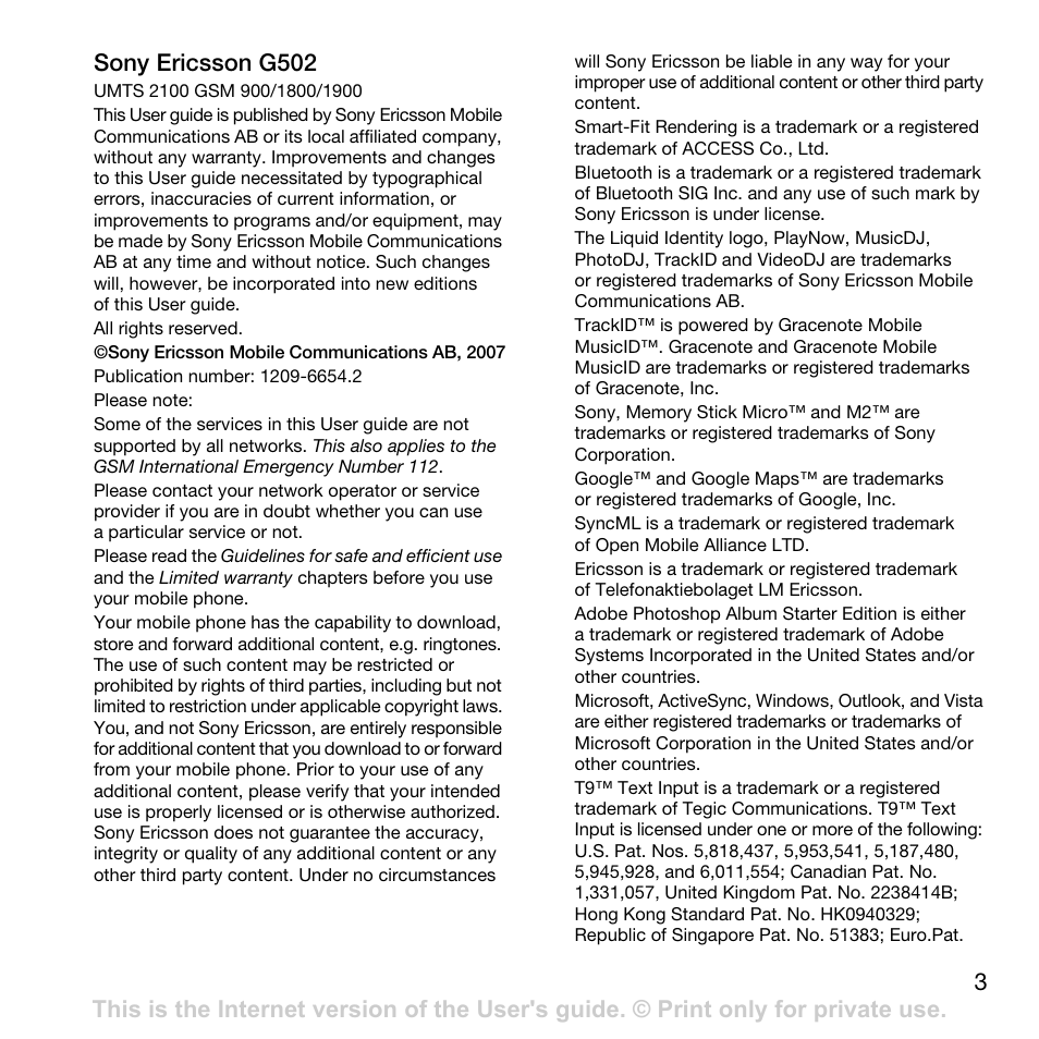 Sony Ericsson G502 User Manual | Page 3 / 83