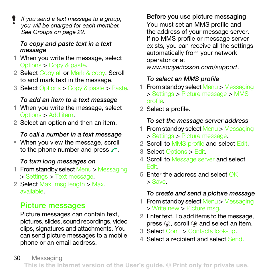 Picture messages | Sony Ericsson G502 User Manual | Page 30 / 83