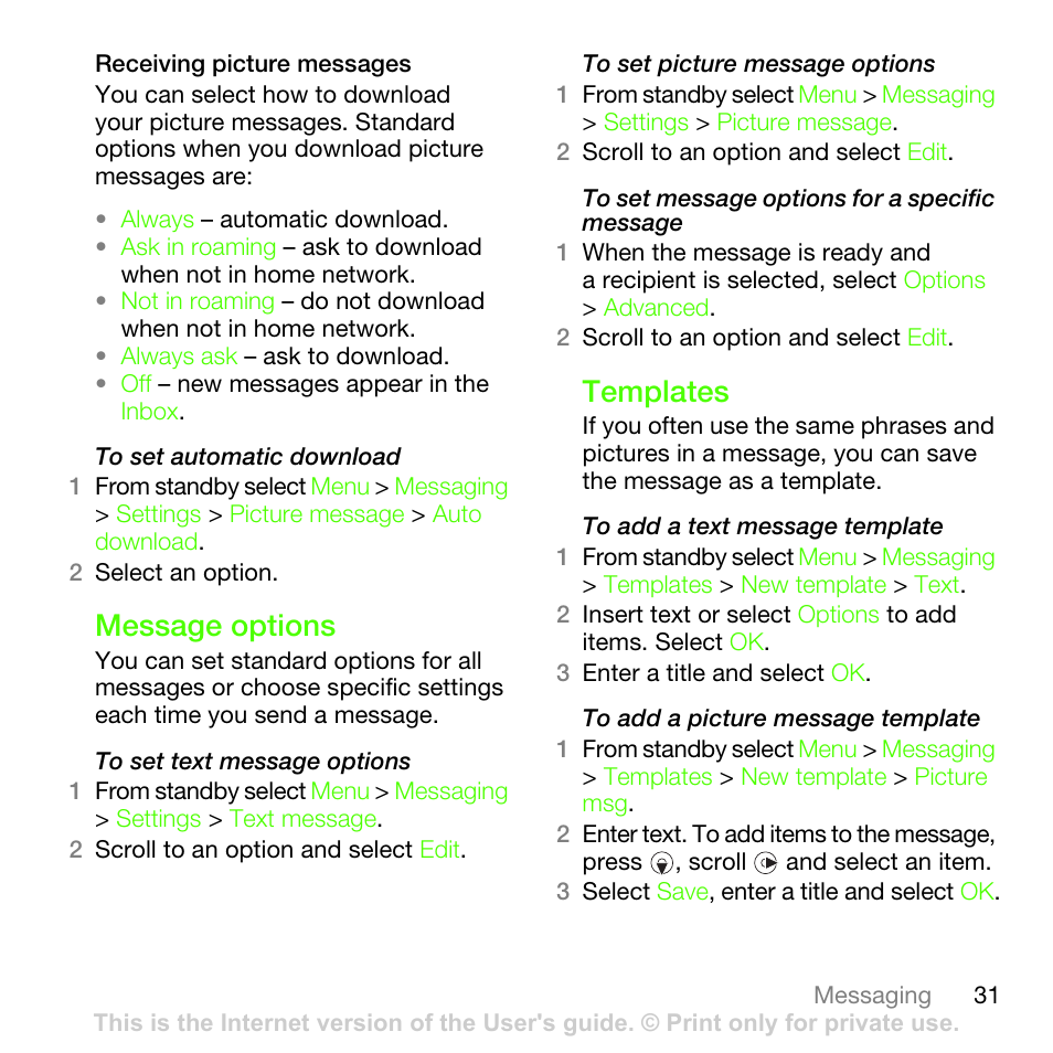 Message options, Templates, Message options templates | Sony Ericsson G502 User Manual | Page 31 / 83