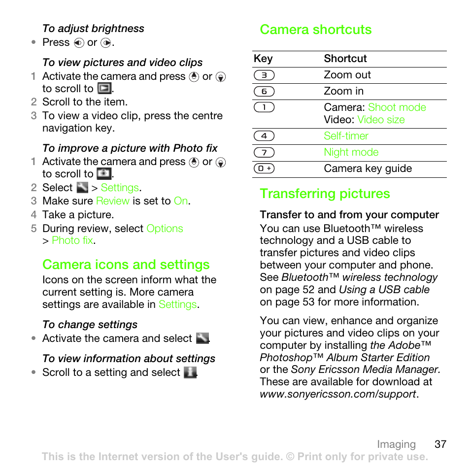 Camera icons and settings, Camera shortcuts, Transferring pictures | Camera shortcuts transferring pictures | Sony Ericsson G502 User Manual | Page 37 / 83