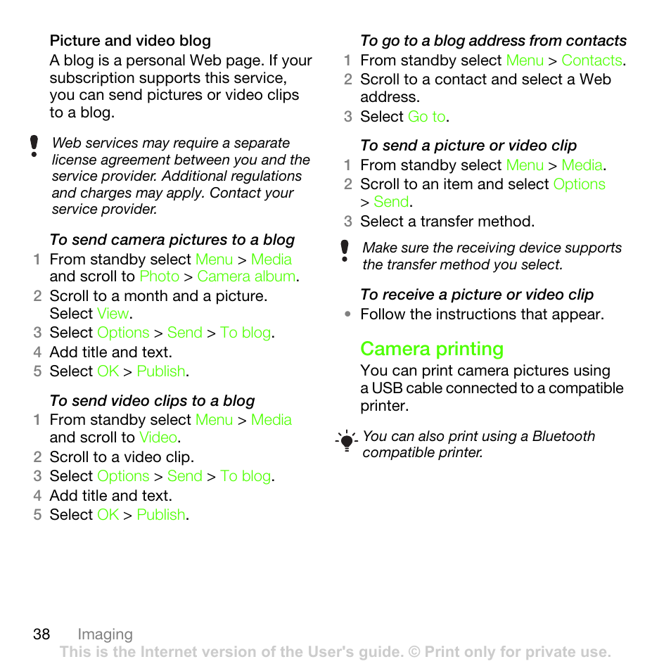 Camera printing | Sony Ericsson G502 User Manual | Page 38 / 83