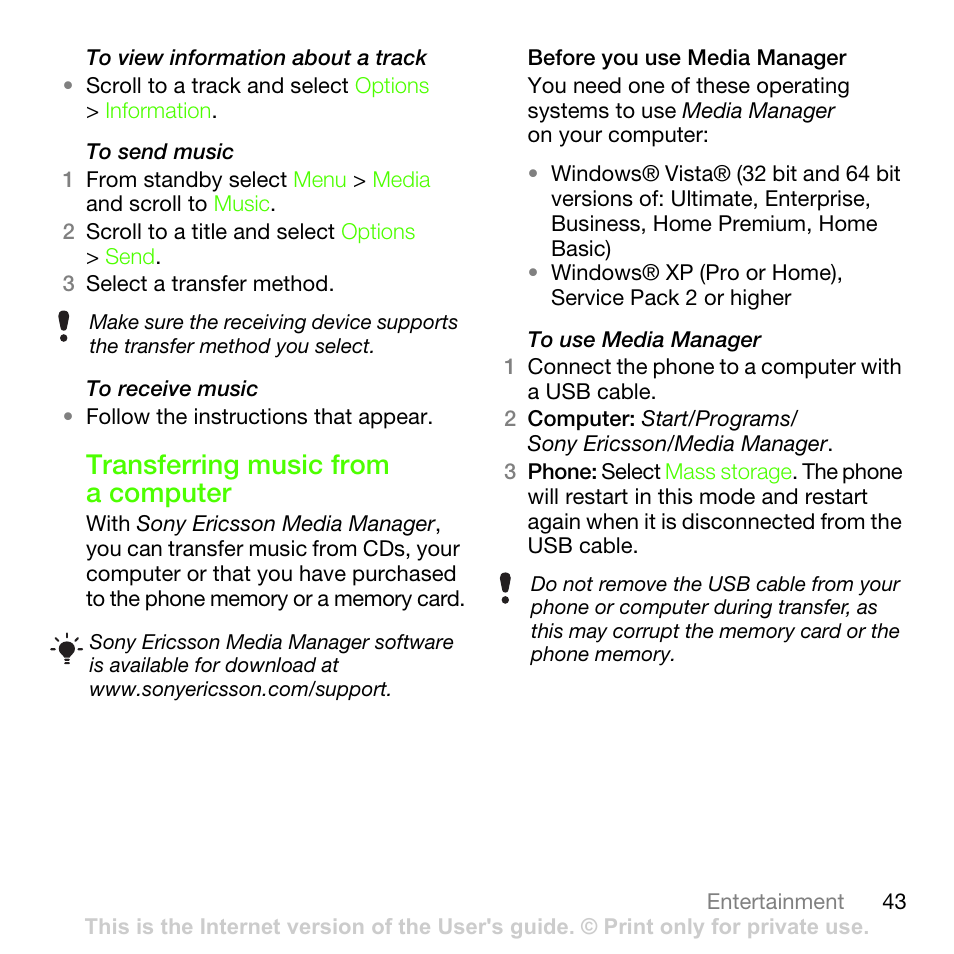 Transferring music from a computer | Sony Ericsson G502 User Manual | Page 43 / 83