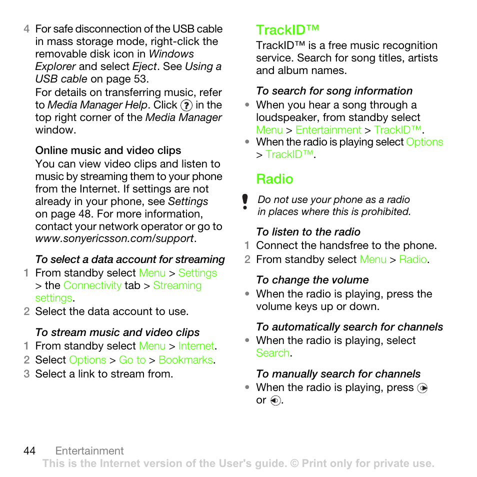 Trackid, Radio, Trackid™ radio | Sony Ericsson G502 User Manual | Page 44 / 83