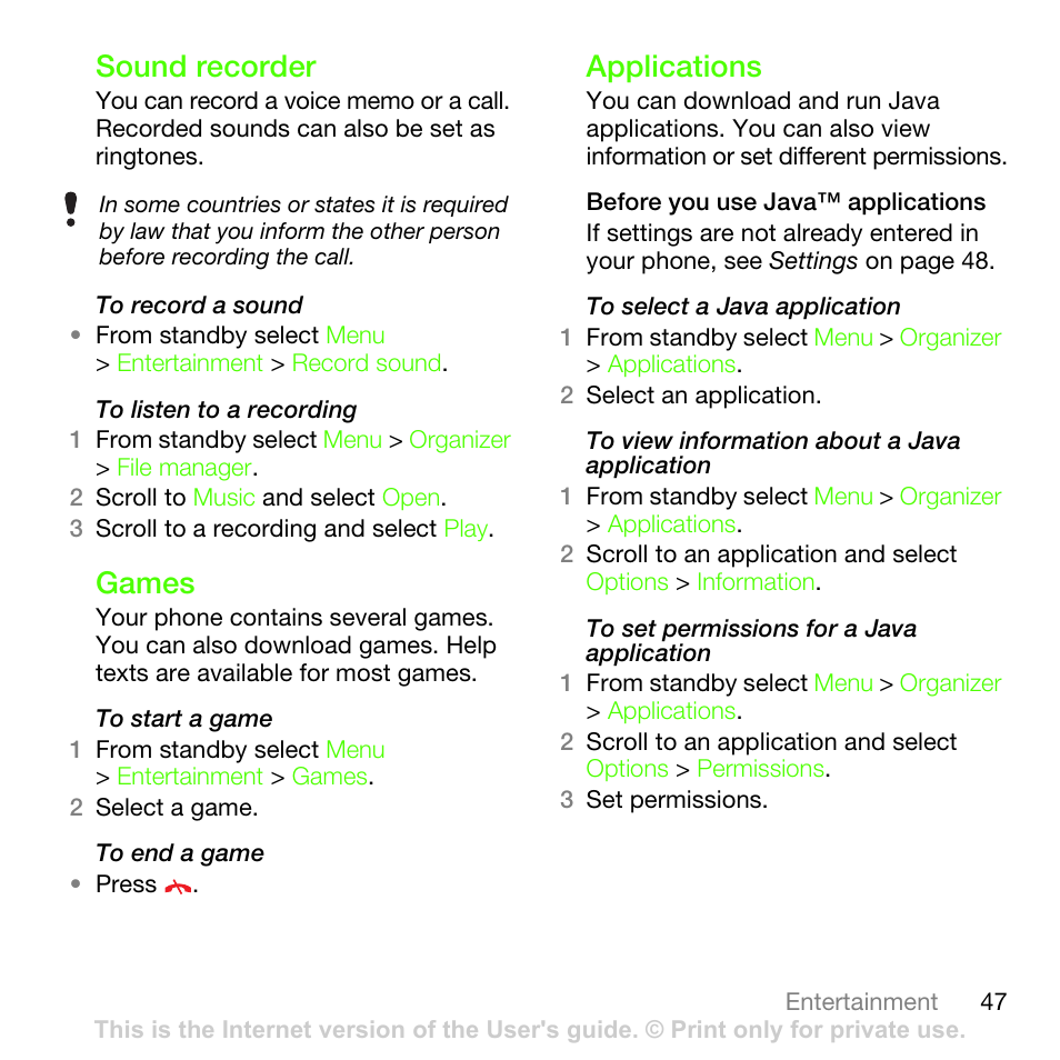 Sound recorder, Games, Applications | Sound recorder games applications | Sony Ericsson G502 User Manual | Page 47 / 83