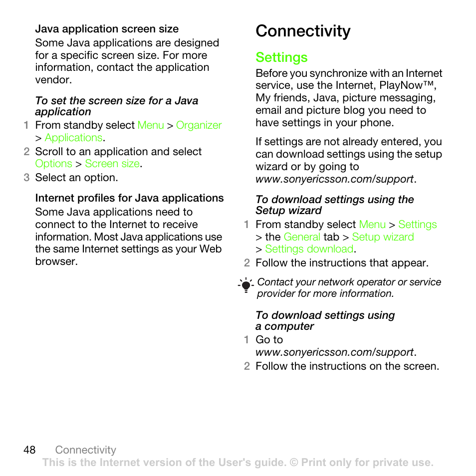 Connectivity, Settings | Sony Ericsson G502 User Manual | Page 48 / 83