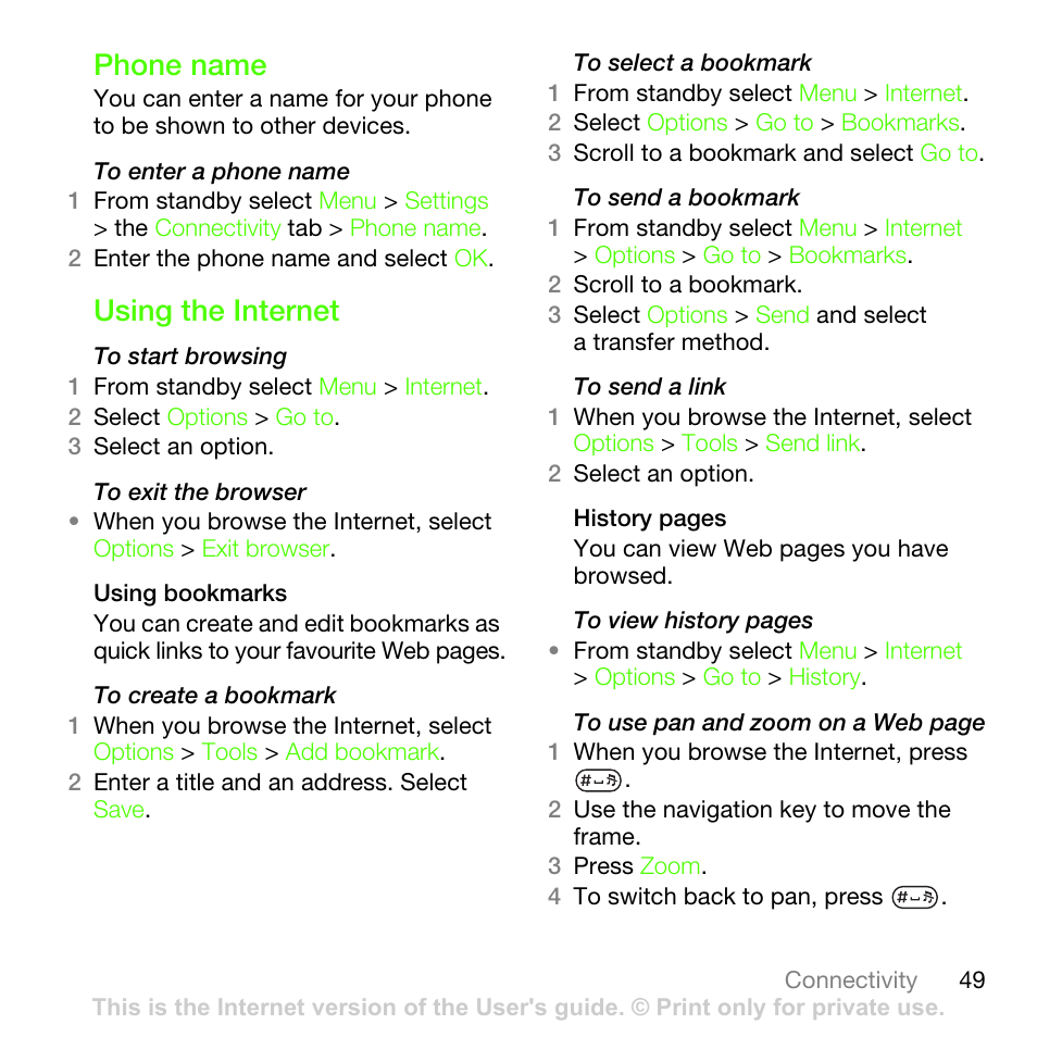 Phone name, Using the internet, Phone name using the internet | Sony Ericsson G502 User Manual | Page 49 / 83