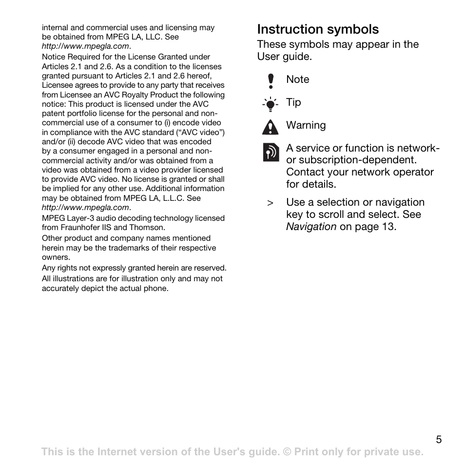 Instruction symbols | Sony Ericsson G502 User Manual | Page 5 / 83