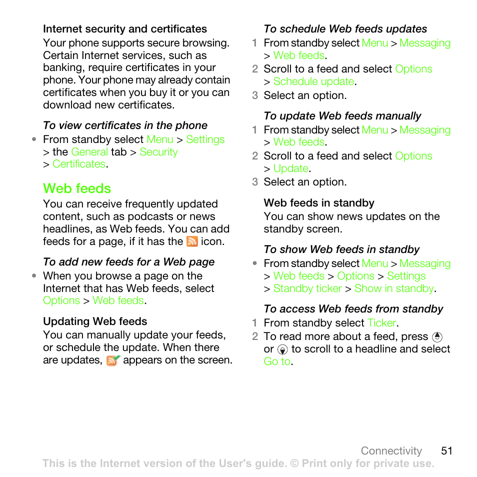 Web feeds | Sony Ericsson G502 User Manual | Page 51 / 83